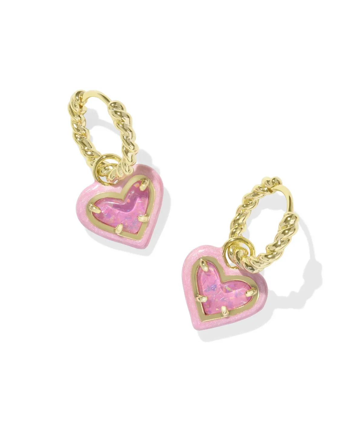 Ari Heart Gold Enamel Frame Huggie Earrings in Pink Iridescent Glitter Glass