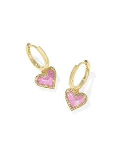 Ari Heart Gold Huggie Earrings in Pink Iridescent Glitter Glass