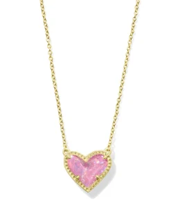 Ari Heart Gold Pendant Necklace in Pink Iridescent Glitter Glass