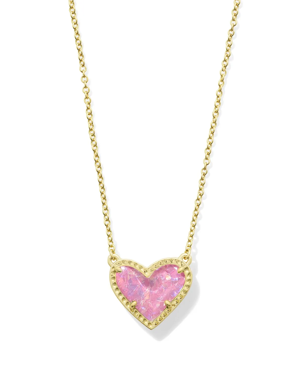 Ari Heart Gold Pendant Necklace in Pink Iridescent Glitter Glass