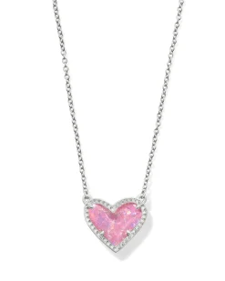 Ari Heart Silver Pendant Necklace in Pink Iridescent Glitter Glass