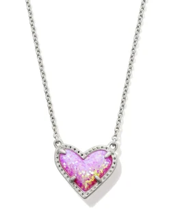 Ari Heart Silver Short Pendant Necklace in Bubblegum Pink Lab Grown Opal