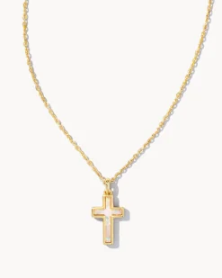 Cross Gold Pendant Necklace in White Lab Grown Opal