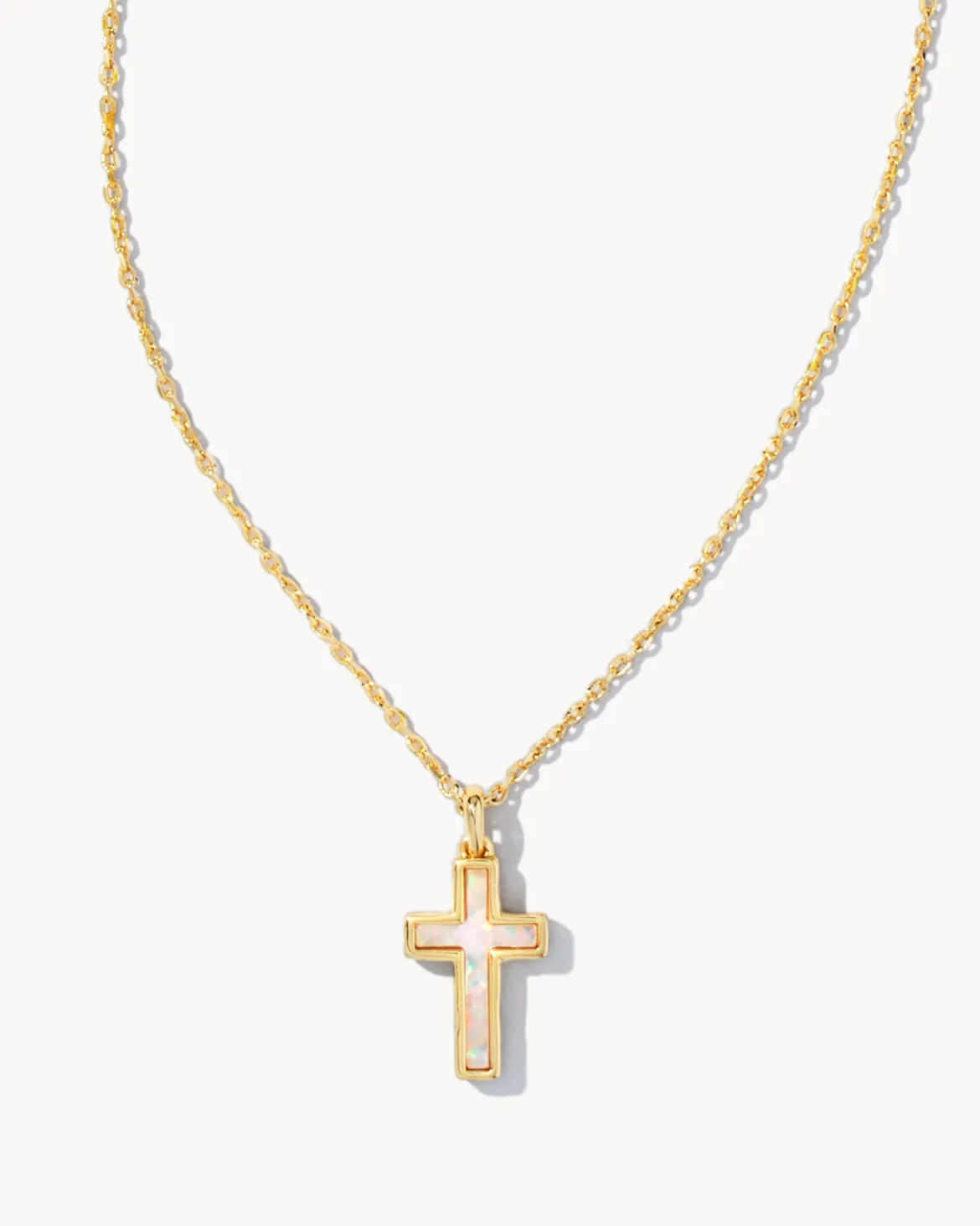 Cross Gold Pendant Necklace in White Lab Grown Opal