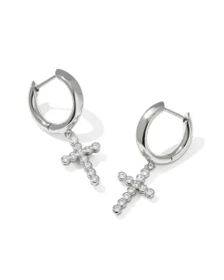 Cross Silver Crystal Huggie Earrings