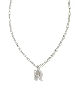 Crystal Letter R Silver Short Pendant Necklace in White Crystal