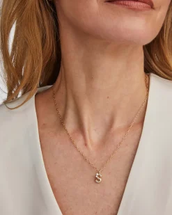 Crystal Letter S Gold Short Pendant Necklace in White Crystal