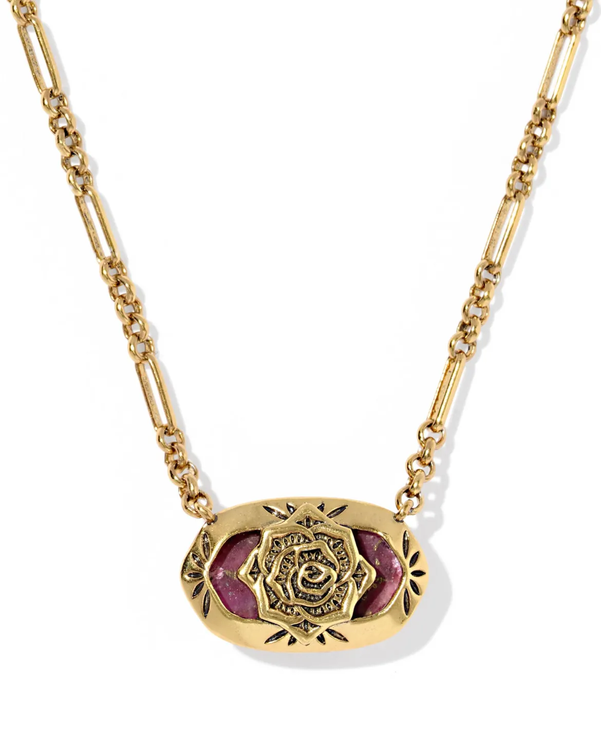 Elisa Vintage Gold Etch Frame Short Pendant Necklace