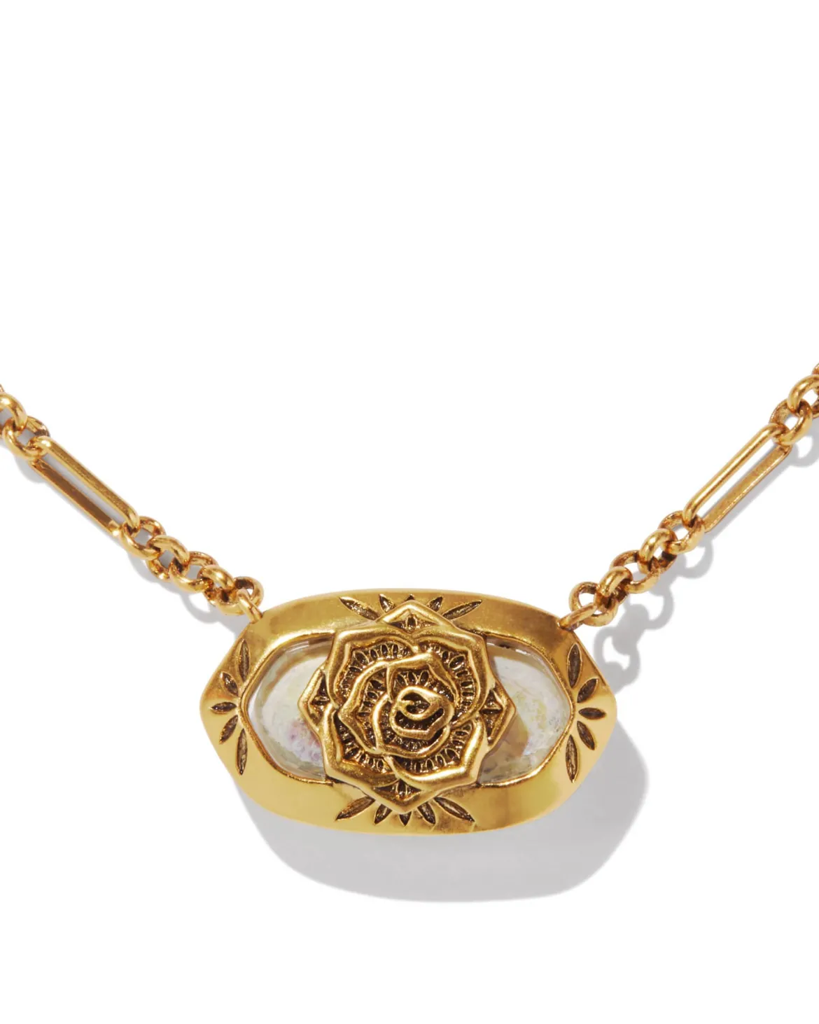 Elisa Vintage Gold Etch Frame Short Pendant Necklace in Iridescent Abalone