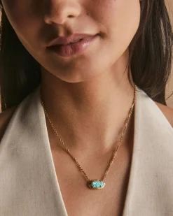 Elisa Vintage Gold Etch Frame Short Pendant Necklace in Variegated Turquoise Magnesite