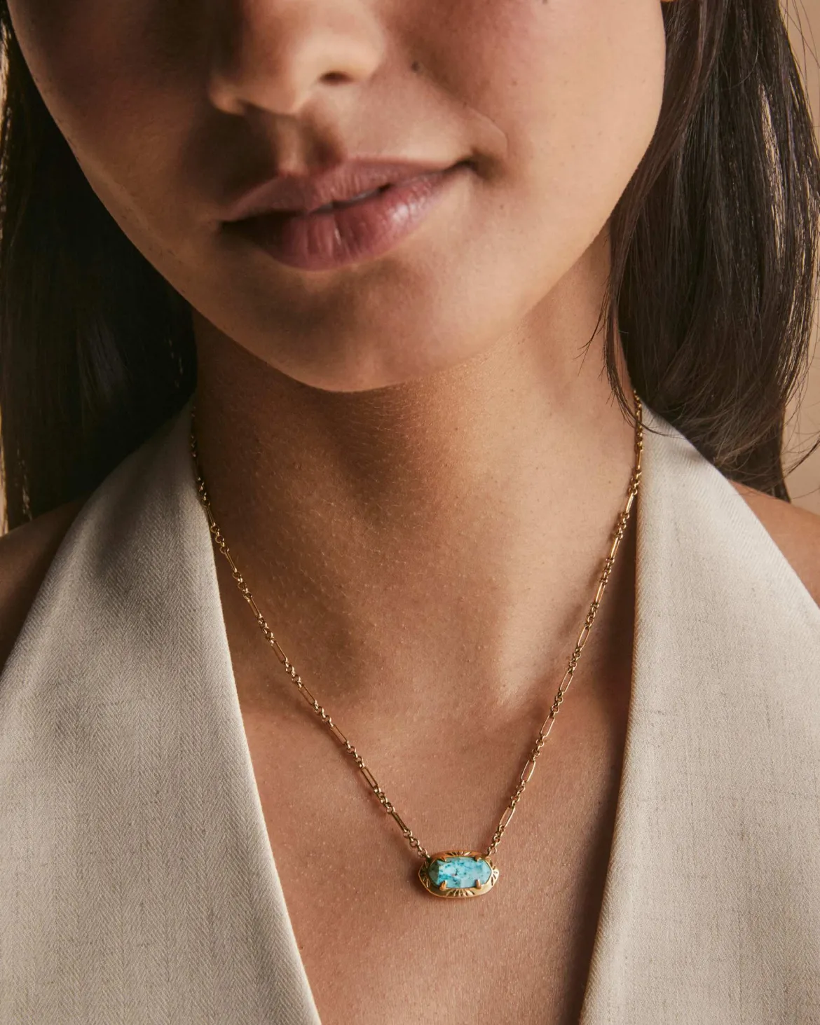Elisa Vintage Gold Etch Frame Short Pendant Necklace in Variegated Turquoise Magnesite