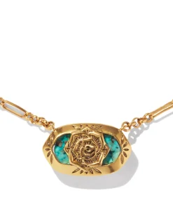 Elisa Vintage Gold Etch Frame Short Pendant Necklace in Variegated Turquoise Magnesite