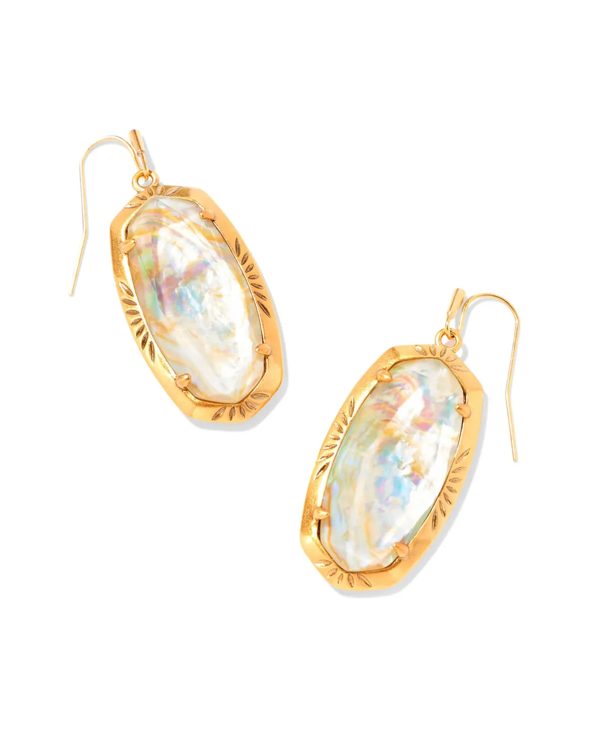 Elle Vintage Gold Etch Frame Drop Earrings in Iridescent Abalone