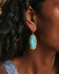 Elle Vintage Gold Etch Frame Drop Earrings in Variegated Turquoise Magnesite
