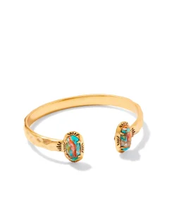 Elton Vintage Gold Etch Frame Cuff Bracelet in Bronze Veined Turquoise Magnesite Red Oyster
