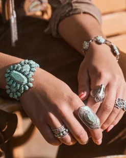 Elyse Vintage Silver Etch Frame Band Ring in Variegated Turquoise Magnesite
