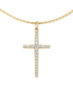 Large Cross 14k Yellow Gold Pendant Necklace in White Diamond