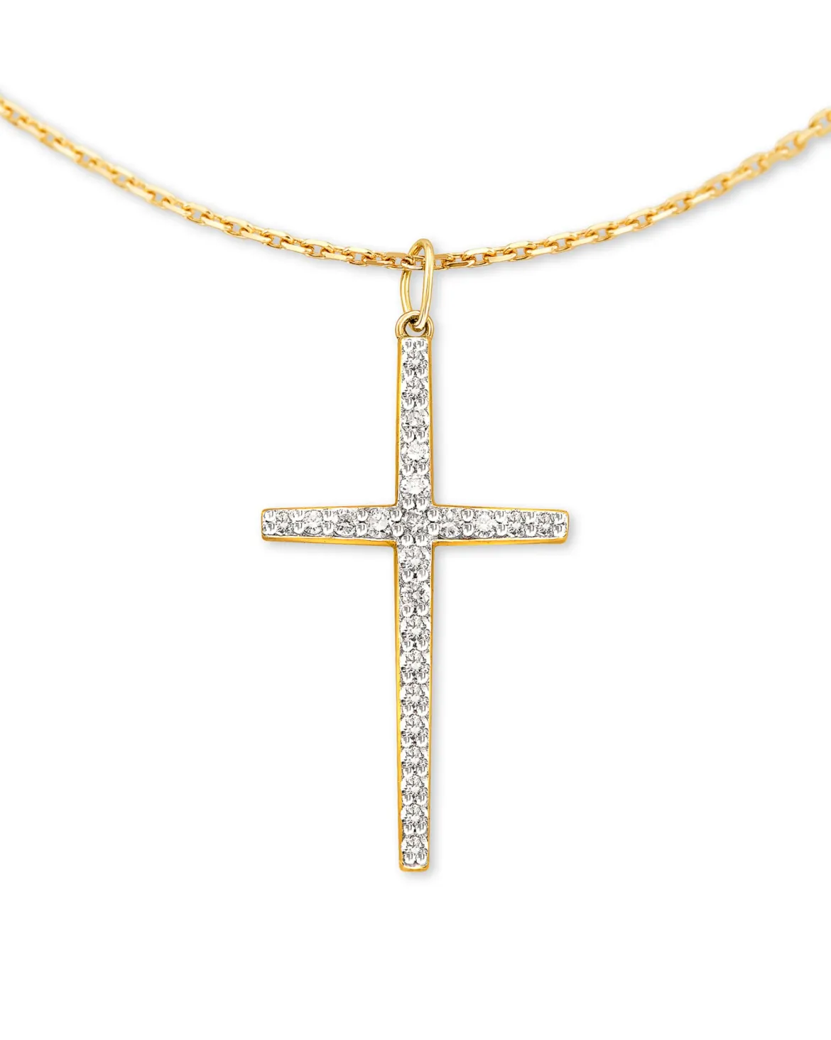 Large Cross 14k Yellow Gold Pendant Necklace in White Diamond