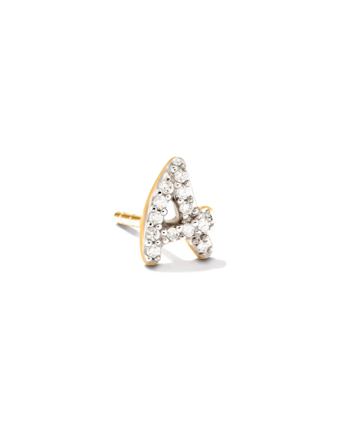 Letter A 14k Yellow Gold Single Stud Earring in White Diamond