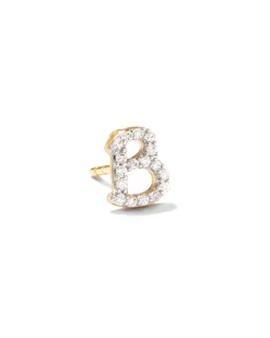 Letter B 14k Yellow Gold Single Stud Earring in White Diamond