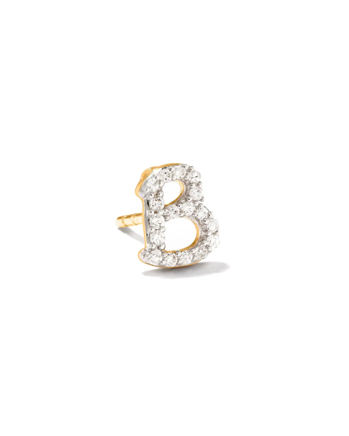 Letter B 14k Yellow Gold Single Stud Earring in White Diamond