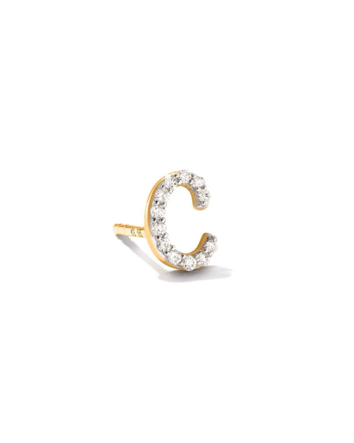 Letter C 14k Yellow Gold Single Stud Earring in White Diamond