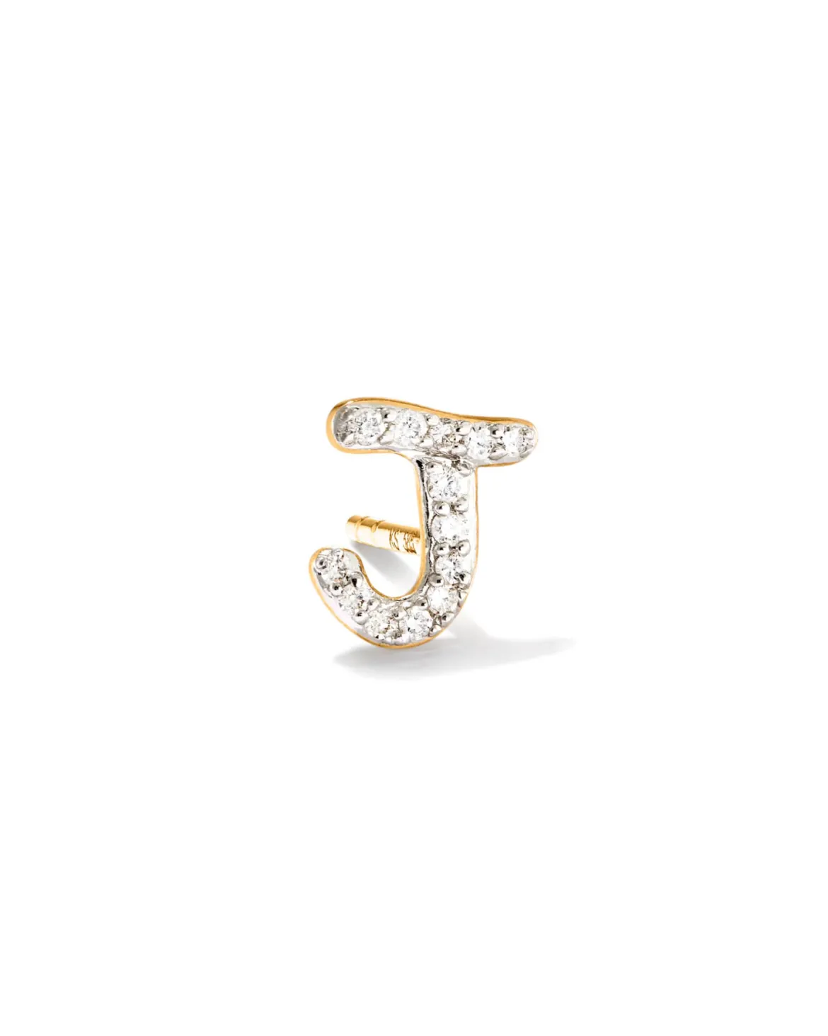 Letter J 14k Yellow Gold Single Stud Earring in White Diamond