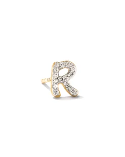 Letter R 14k Yellow Gold Single Stud Earring in White Diamond