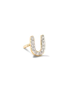 Letter U 14k Yellow Gold Single Stud Earring in White Diamond