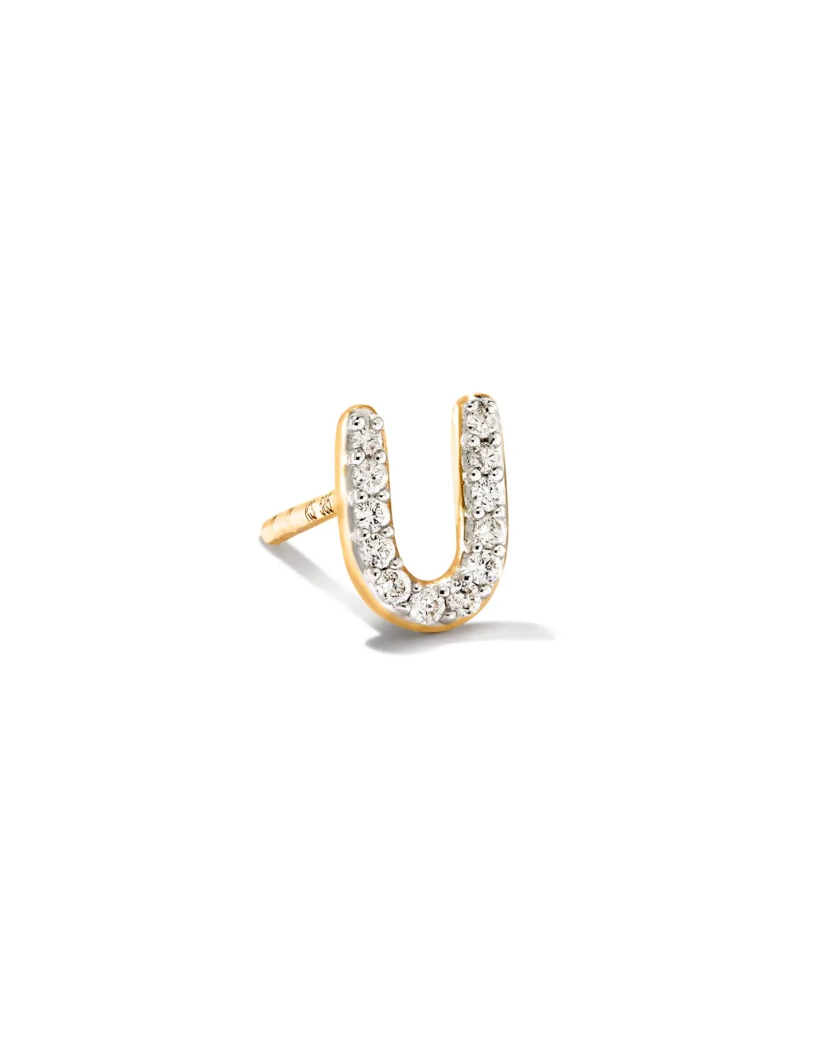Letter U 14k Yellow Gold Single Stud Earring in White Diamond