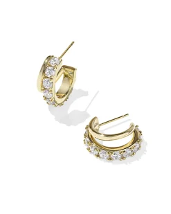 Livy Gold Huggie Earrings in White Crystal