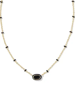Mini Elisa Gold Enamel Frame Short Pendant Necklace in Black Agate