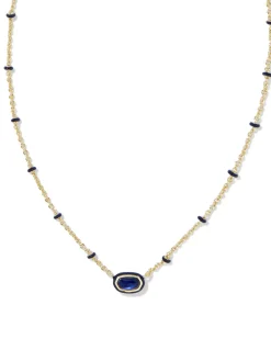 Mini Elisa Gold Enamel Frame Short Pendant Necklace in Navy Mother-of-Pearl