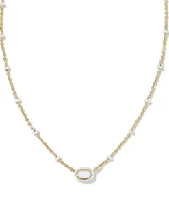 Mini Elisa Gold Enamel Frame Short Pendant Necklace in White Mother-of-Pearl