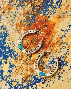 Noble Vintage Silver Horseshoe Hoop Earrings in Variegated Dark Teal Magnesite