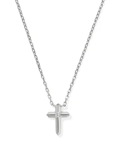 Tiny Cross 14k White Gold Pendant Necklace in White Diamond